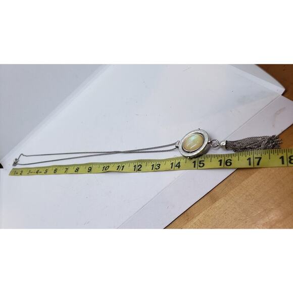 Vintage Abalone Mother of Pearl Reversible Pendant Necklace Silver Tone Tassel - Picture 7 of 10